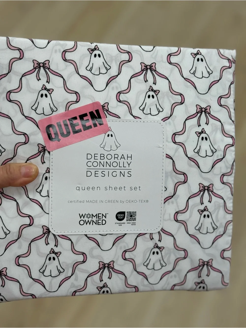 Deborah Connolly Designs Queen Sheet Set — White with Pink & Black Ghost Print